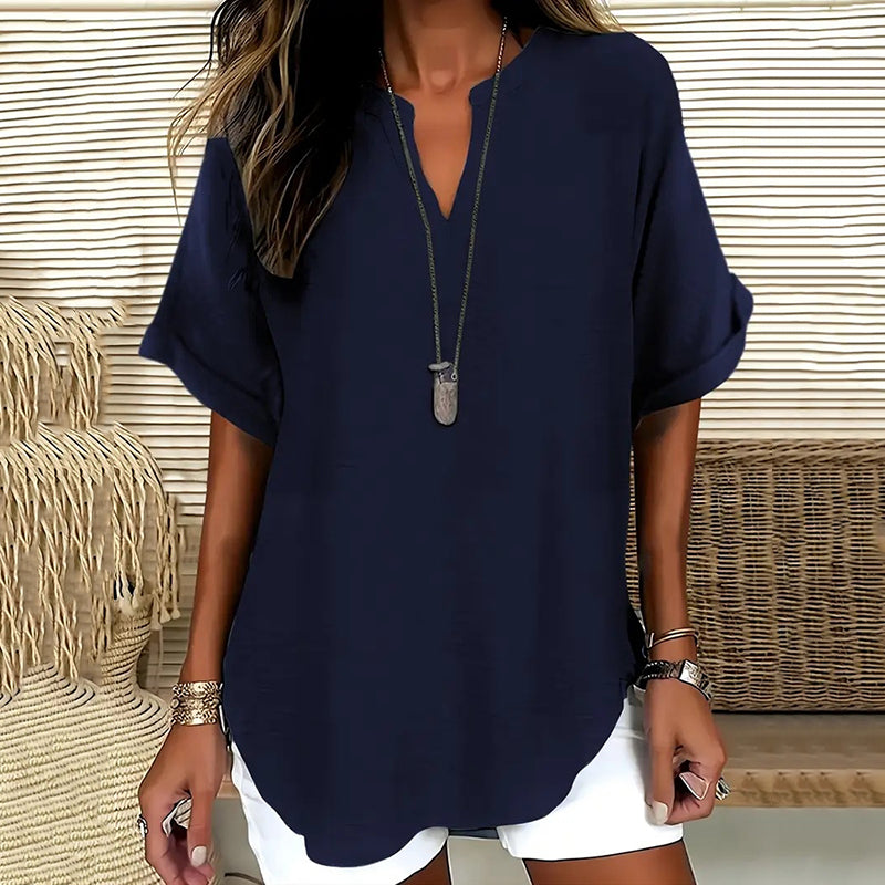 Blouse femme – Coupe ample – Manches courtes – Décolleté en V – Fibres naturelles