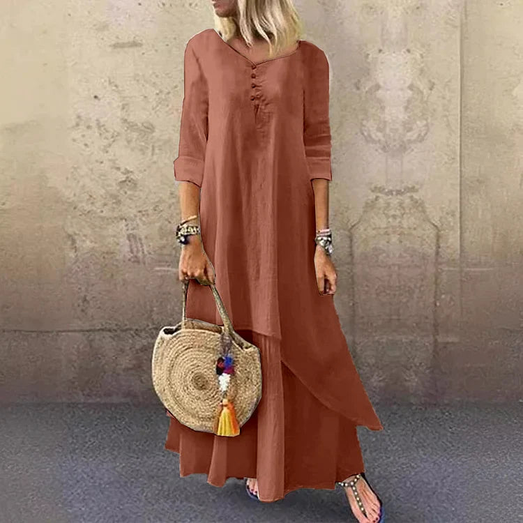 Robe midi femme – Coupe ample – Fibres naturelles – Manches 3/4 – Style superposé