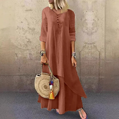 Robe midi femme – Coupe ample – Fibres naturelles – Manches 3/4 – Style superposé