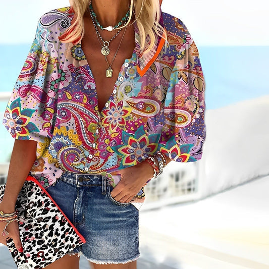 Chemise femme – Coupe ample – Motif mandala – Col en V
