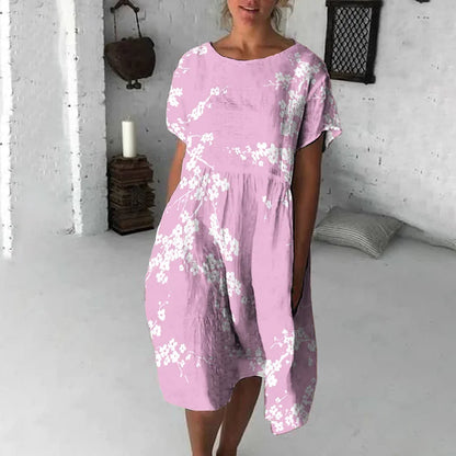 Robe midi femme – Coupe fluide – Coton – Manches courtes – Imprimé fleuri