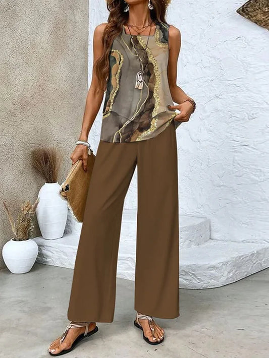 Ensemble Femme Deux Pièces – Haut Sans Manches Imprimé Abstrait – Pantalon Large Fluide