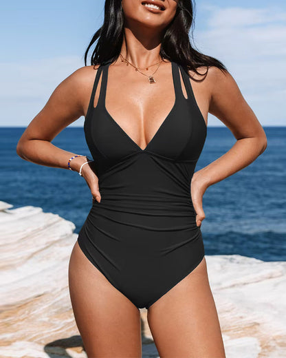 Maillot de bain une pièce femme – Décolleté plongeant – Coupe galbante – Bretelles doubles
