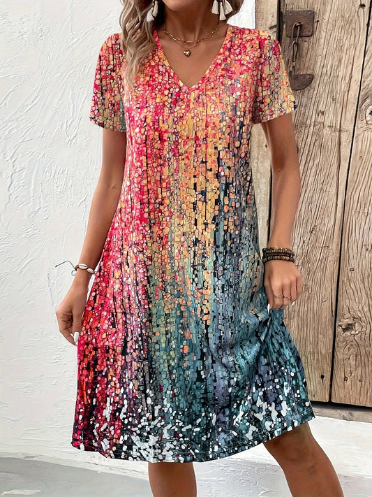 Robe midi femme – Coupe décontractée – Silhouette évasée – Col en V – Manches courtes – Tissu respirant