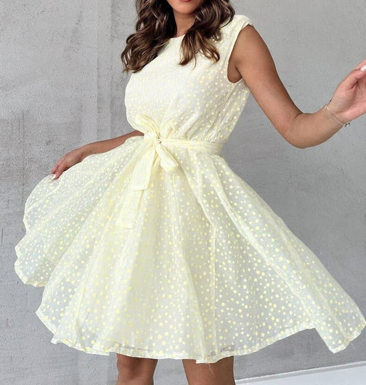 Robe Femme A-Line – Sans Manches – Tissu Léger – Ceinture Noeud – Motif Pois