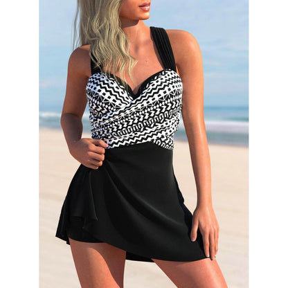 Tankini femme – Haut froncé ajusté – Bretelles larges – Jupe fluide asymétrique