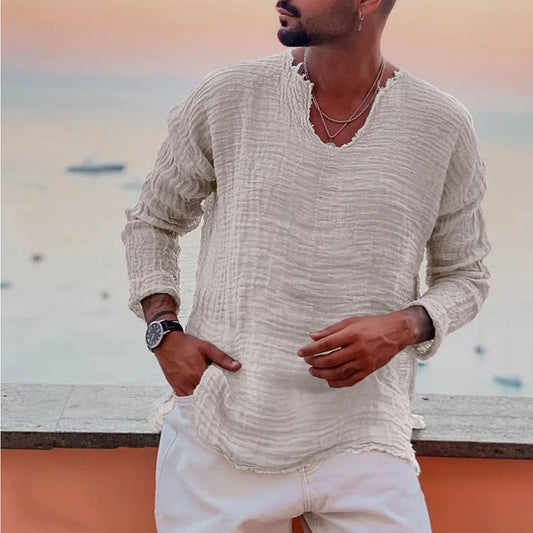 Chemise homme à manches longues – Col en V – Coupe décontractée – Tissu froissé respirant