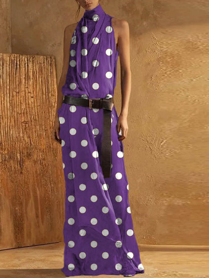 Robe longue femme – Col montant – Sans manches – Coupe fluide – Ceinture à boucle