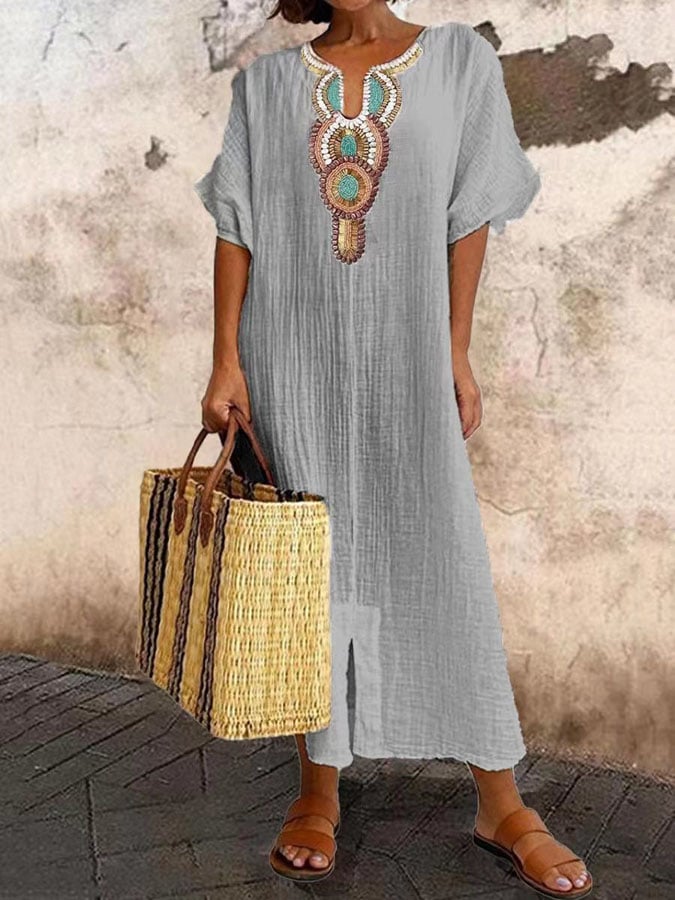 Robe caftan femme – Coupe décontractée – Tissu respirant – Col brodé élégant