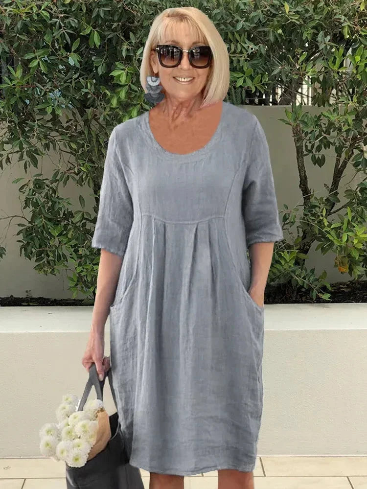 Robe midi femme – Coupe décontractée – Manches coudes – Fibres naturelles – Poches