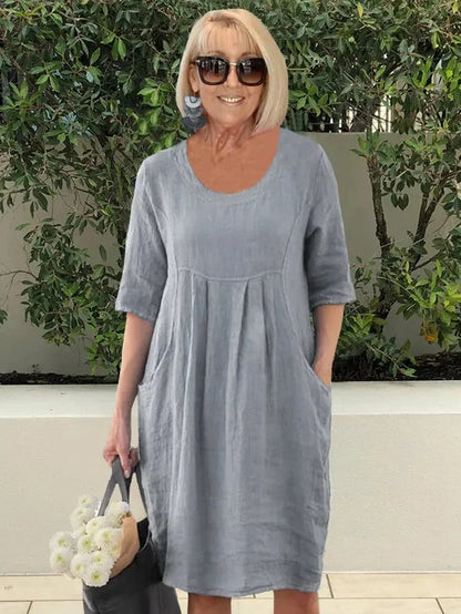 Robe midi femme – Coupe décontractée – Manches coudes – Fibres naturelles – Poches