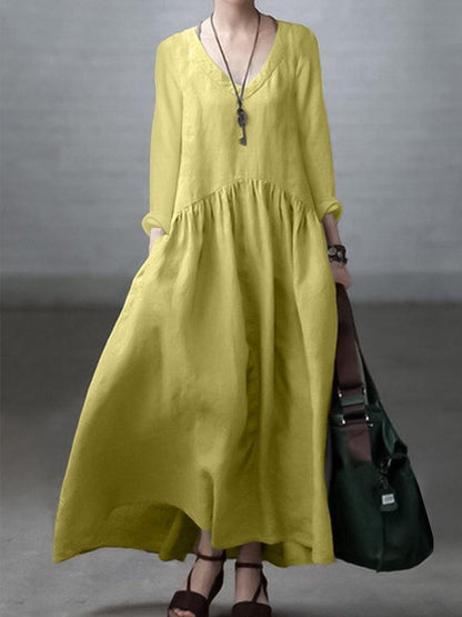 Robe longue femme – Coupe décontractée – Fibres naturelles – Manches longues – Col V