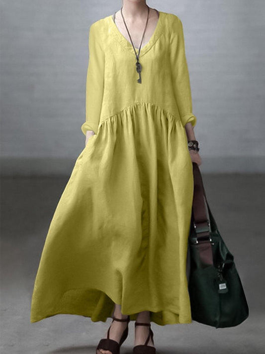 Robe longue femme – Coupe décontractée – Fibres naturelles – Manches longues – Col V