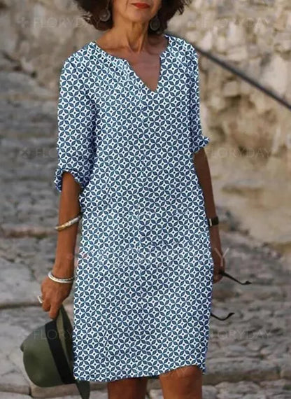 Robe Femme – Coupe Ample – Tissu Respirant – Décolleté V – Manches 3/4 – Imprimé Géométrique