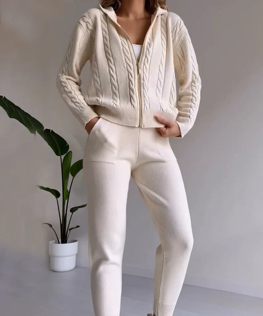 Ensemble tricoté pour femme – Tricot doux – Coupe oversize – Cardigan zippé à capuche et pull jacquard