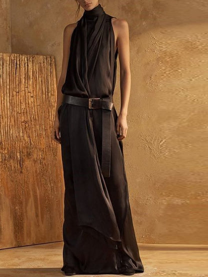 Robe longue femme – Col montant – Sans manches – Coupe fluide – Ceinture à boucle