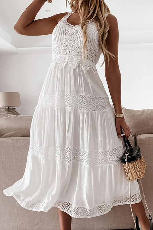 Robe midi femme – Coupe évasée sans manches – Détail crochet – Tissu respirant