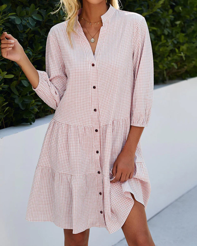 Robe femme – Coupe évasée – Fibres naturelles – Manches 3/4 – Boutonnée – Motif à carreaux