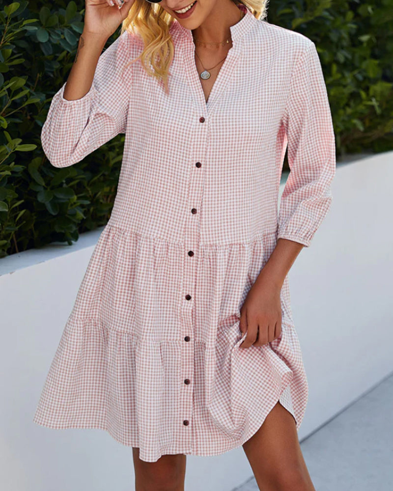 Robe femme – Coupe évasée – Fibres naturelles – Manches 3/4 – Boutonnée – Motif à carreaux