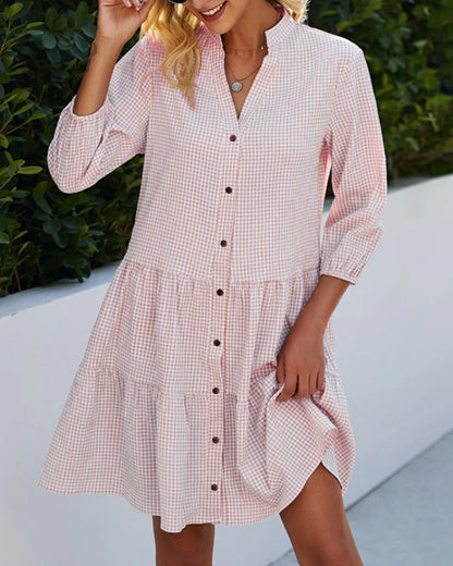 Robe femme – Coupe évasée – Fibres naturelles – Manches 3/4 – Boutonnée – Motif à carreaux