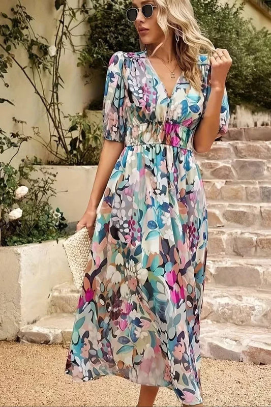 Robe midi femme – Tissu respirant – Coupe fluide – Manches bouffantes – Col en V