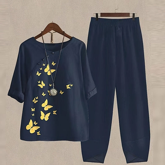 Ensemble Femme – Haut Manches Courtes Imprimé Papillons – Pantalon Large Taille Élastique – Coupe Décontractée – Tissu Respirant