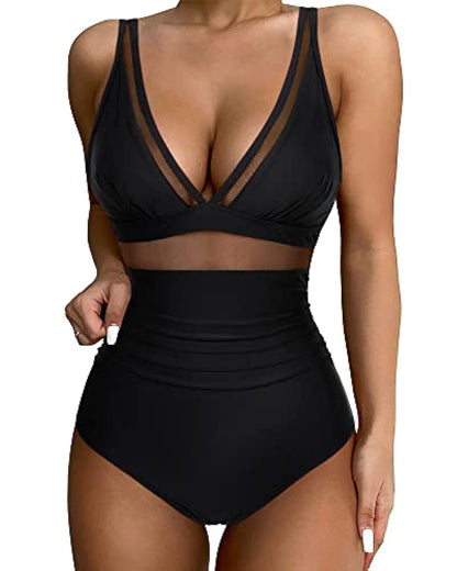 Maillot de bain femme – Coupe moulante – Décolleté plongeant – Détails en mesh respirants