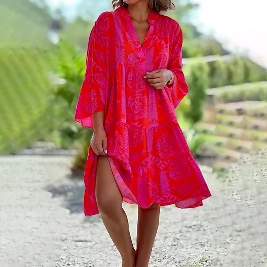Robe midi femme – Coupe décontractée – Tissu respirant – Manches 3/4 – Col en V