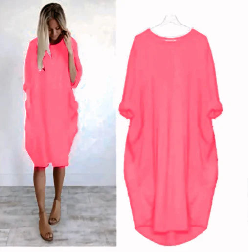Robe midi femme – Coupe ample – Tissu respirant – Manches retroussées – Poches