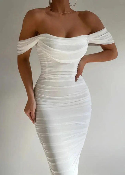 Robe midi femme – Coupe moulante – Épaules dénudées – Manches drapées – Fronces élégantes