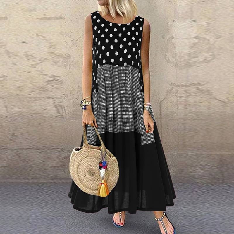 Robe femme sans manches – Coupe évasée – Longue – Motifs pois et carreaux