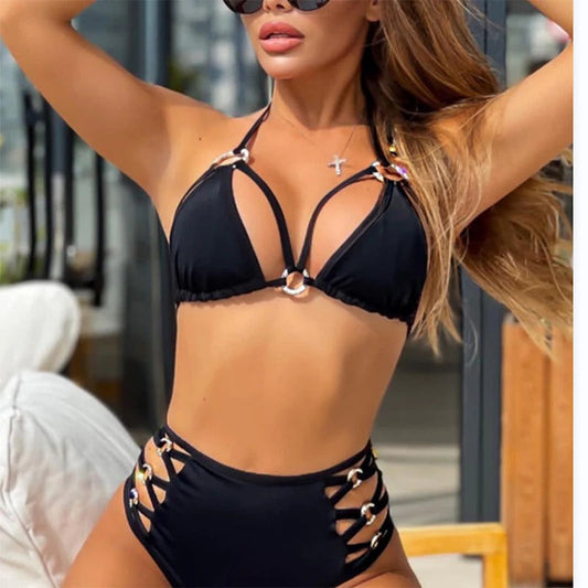 Bikini femme – Taille haute – Triangle ajustable – Détail boucles – Tissu respirant