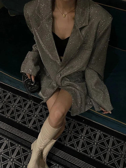 Blazer femme – Coupe oversize – Tissu texturé scintillant – Longueur mi-cuisse
