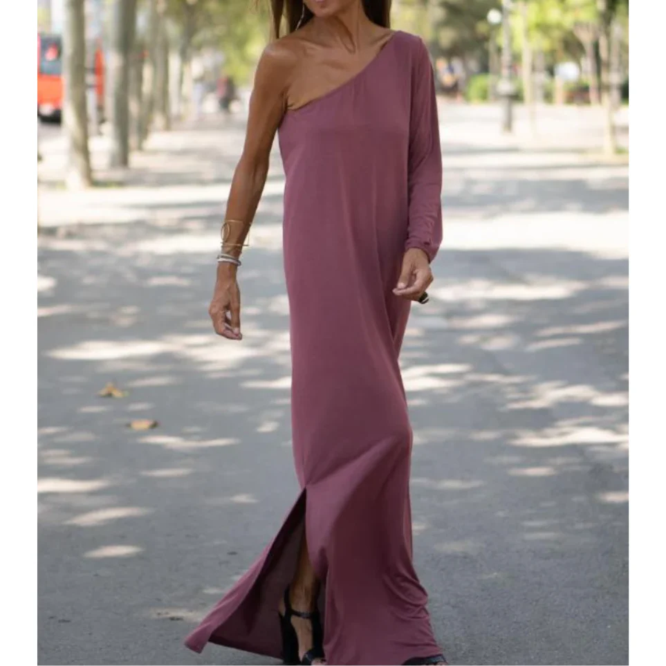 Robe longue pour femme – Une épaule – Coupe ajustée – Manches longues