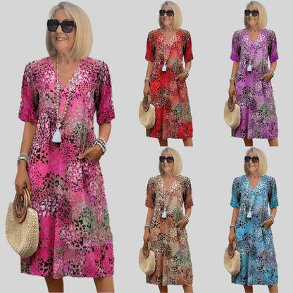 Robe midi femme – Coupe fluide – Col en V – Manches courtes – Imprimé abstrait – Poches