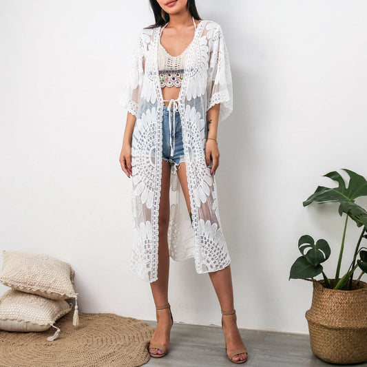 Kimono Femme – Tissu Léger Transparent – Coupe Décontractée – Dentelle – Ceinture Nouée