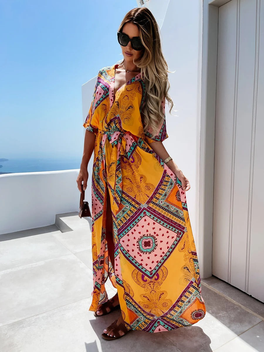 Robe longue femme – Coupe fluide – Motif ethnique – Col en V – Manches mi-longues – Taille nouée
