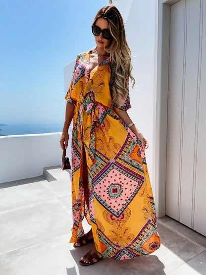 Robe longue femme – Coupe fluide – Motif ethnique – Col en V – Manches mi-longues – Taille nouée