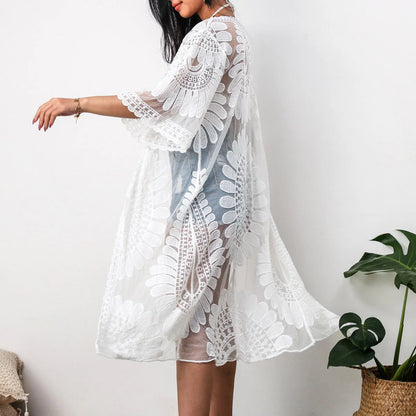 Kimono Femme – Tissu Léger Transparent – Coupe Décontractée – Dentelle – Ceinture Nouée