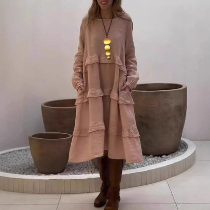 Robe longue femme – Linen – Coupe évasée – Manches longues à volants – Style décontracté