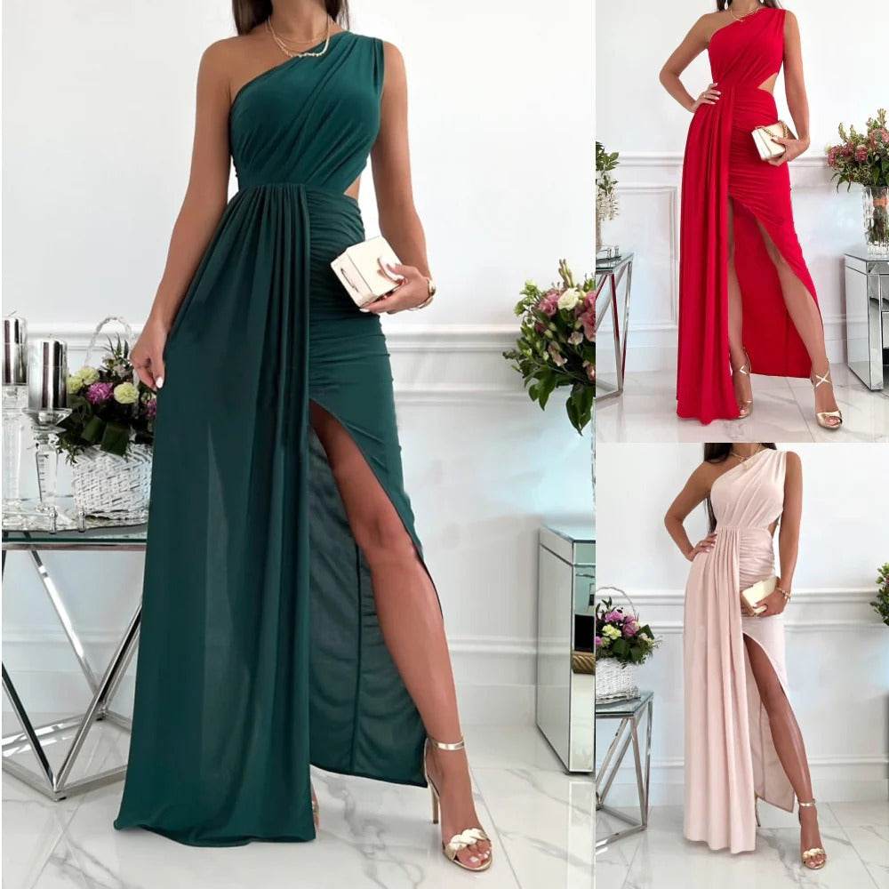 Robe longue femme – Coupe moulante – Épaule dénudée – Fente latérale – Détail ajouré