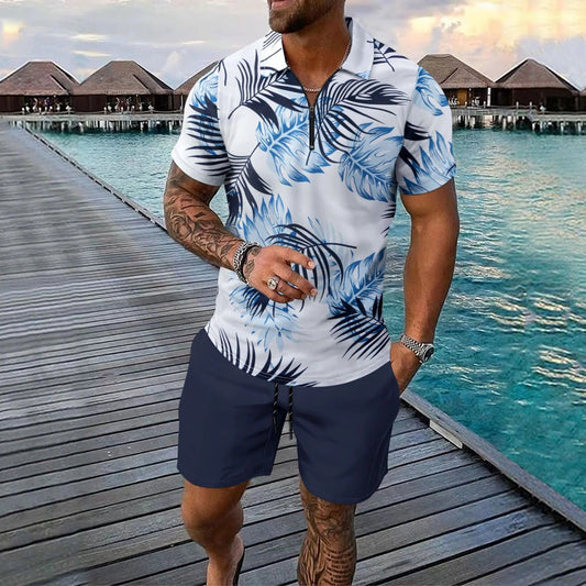 Ensemble homme polo et short – Coupe slim – Col zippé – Imprimé tropical