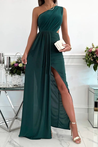 Robe longue femme – Coupe moulante – Épaule dénudée – Fente latérale – Détail ajouré
