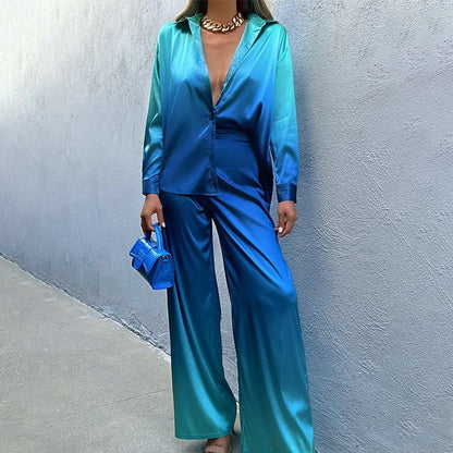 Ensemble deux pièces pour femme - Satin - Coupe ample - Col chemise à manches longues