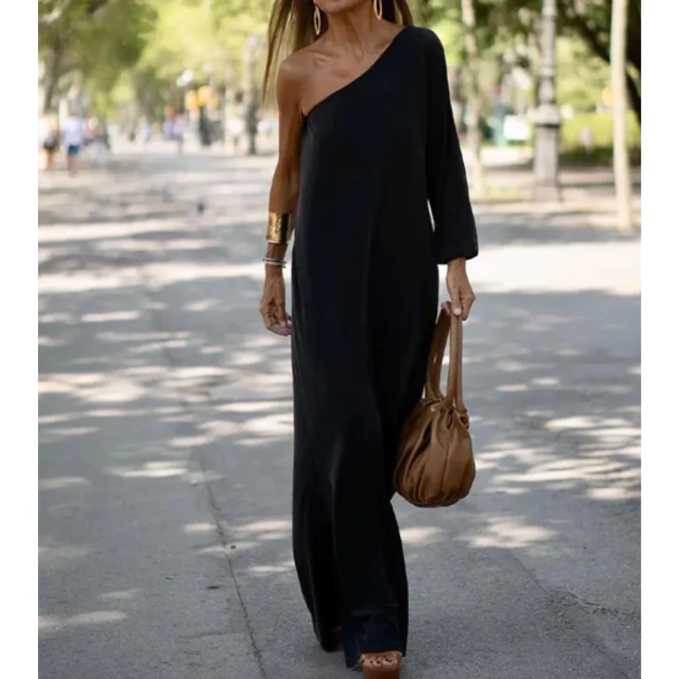 Robe longue pour femme – Une épaule – Coupe ajustée – Manches longues