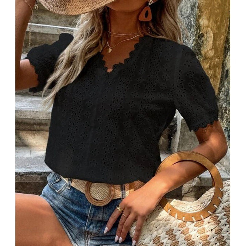 Chemise femme manches courtes – Coupe fluide – Coton – Broderie anglaise – Col festonné