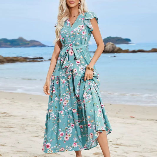 Robe femme longue – coton – imprimé fleuri – manches à volants – taille à nouer
