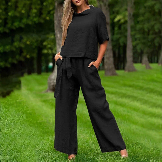 Ensemble Deux Pièces Femme – Coton – Haut Manches Courtes – Pantalon Large Ceinturé