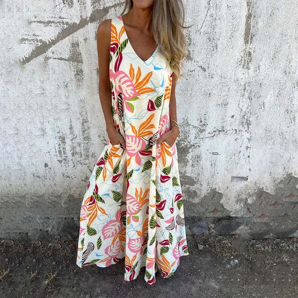 Robe femme sans manches – Coupe ample – Longue – Décolleté en V – Motif feuillage – Coton