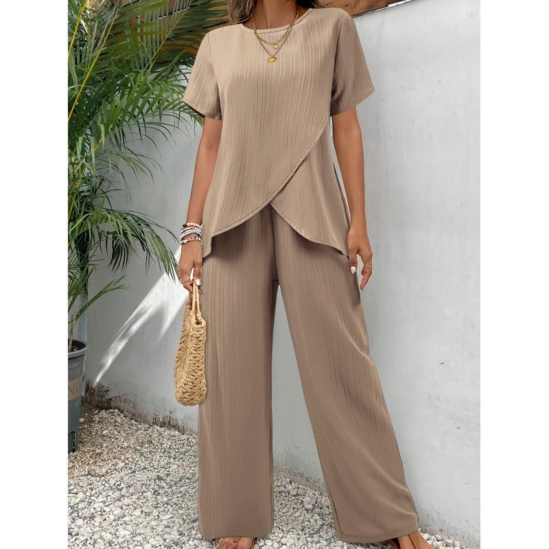 Ensemble Femme Deux Pièces – Haut Asymétrique Manche Courte – Pantalon Large